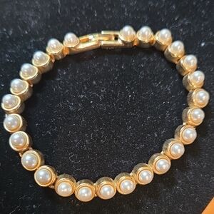 MOD Signed F Pearls Beads Link Gold tone Tennis Vintage 7" Bracelet